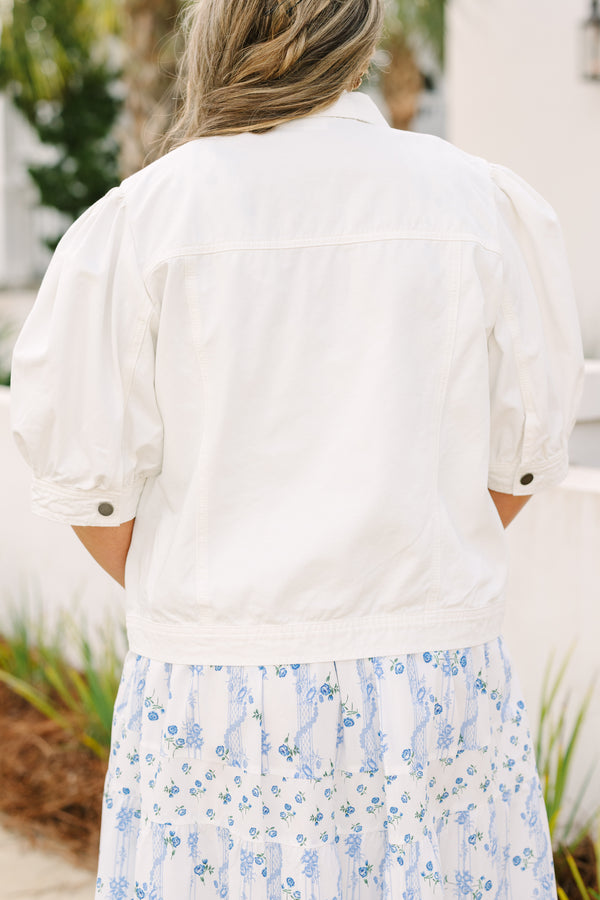 Chic Soul plus size clothing, short puff sleeve white denim button up jacket 