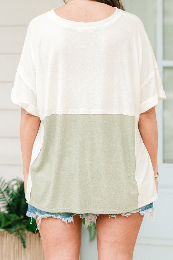Chic Soul plus size clothing, short-cuffed-sleeve sage green and light sage green color block top with a high-scoop-neckline