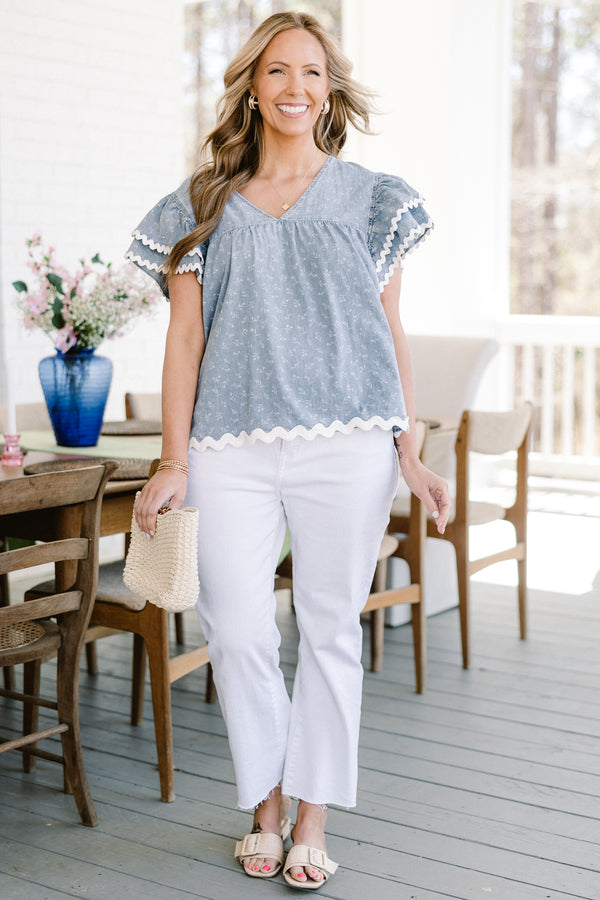 Chic Soul plus size clothing, Blue casual top with a white floral pattern, flutter sleeves