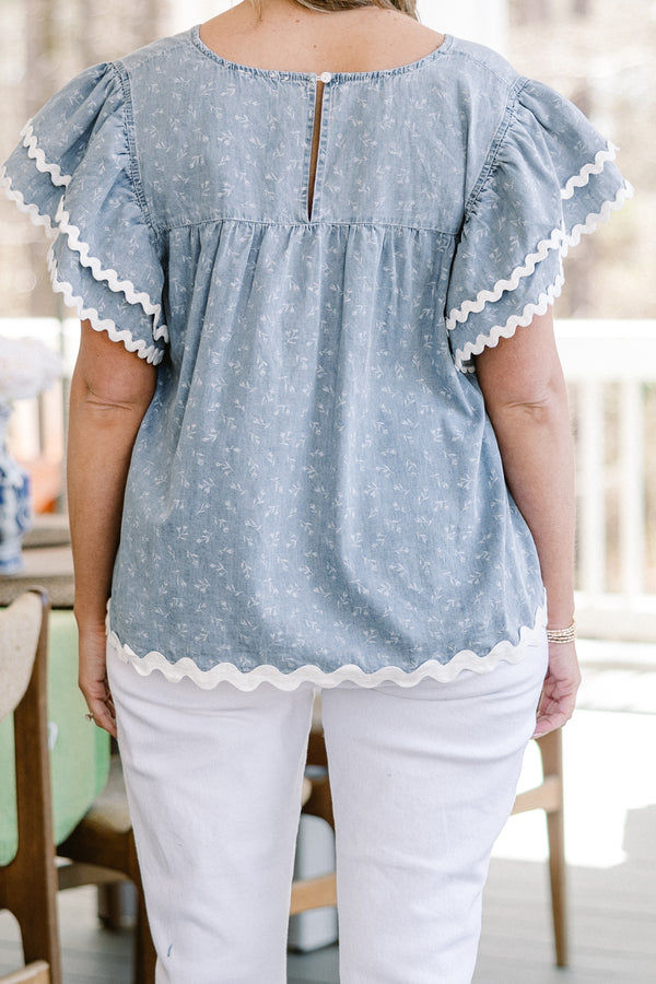 Chic Soul plus size clothing, Blue casual top with a white floral pattern, flutter sleeves