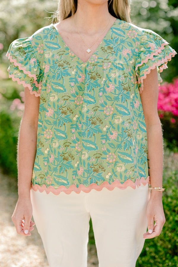 Chic Soul plus size clothing, floral green blouse with pink ric rac detailing and flutter sleeves