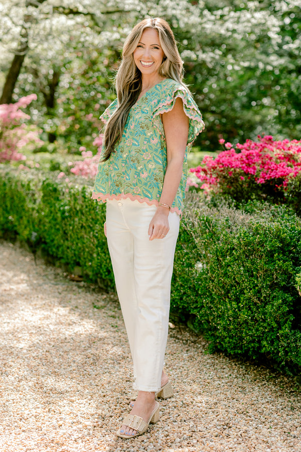 Chic Soul plus size clothing, floral green blouse with pink ric rac detailing and flutter sleeves