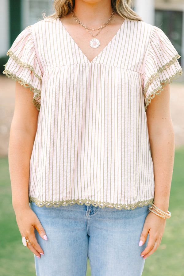 Plus Size light pink striped top with a V-neckline, ruffled sleeves, and olive green lace trim.