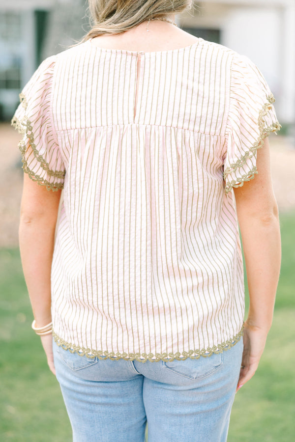 Plus Size light pink striped top with a V-neckline, ruffled sleeves, and olive green lace trim.