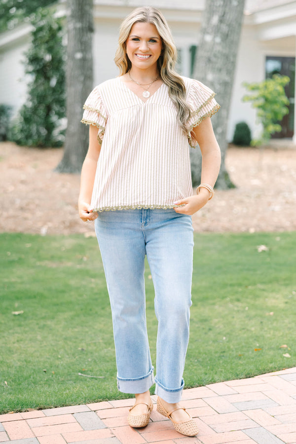 Plus Size light pink striped top with a V-neckline, ruffled sleeves, and olive green lace trim.