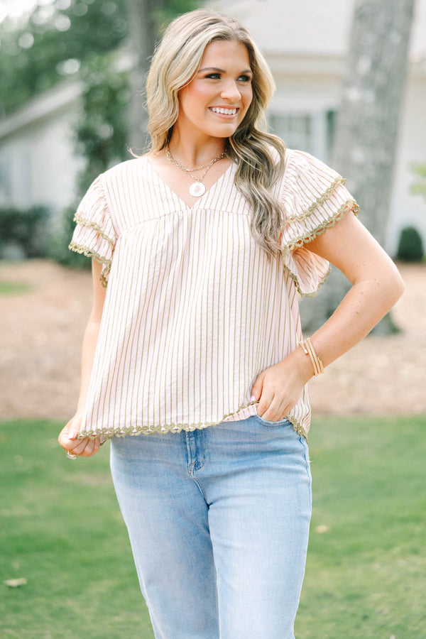Plus Size light pink striped top with a V-neckline, ruffled sleeves, and olive green lace trim.