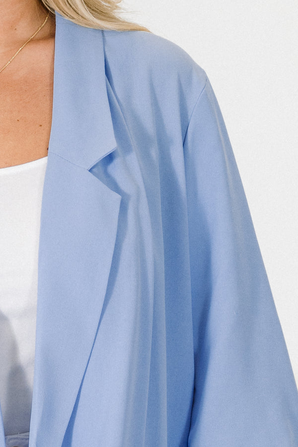 Chic Soul plus size clothing, sky blue long sleeve blazer with collar detail and ruched sleeve at the bottom