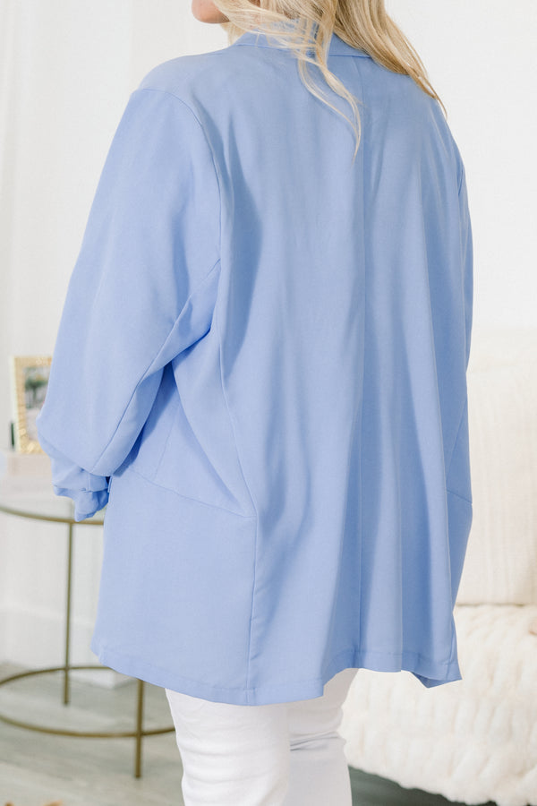 Chic Soul plus size clothing, sky blue long sleeve blazer with collar detail and ruched sleeve at the bottom