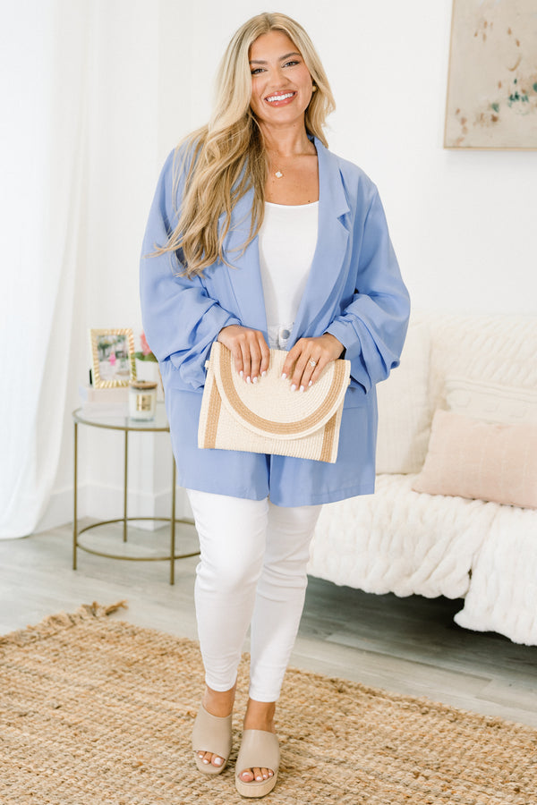 Chic Soul plus size clothing, sky blue long sleeve blazer with collar detail and ruched sleeve at the bottom