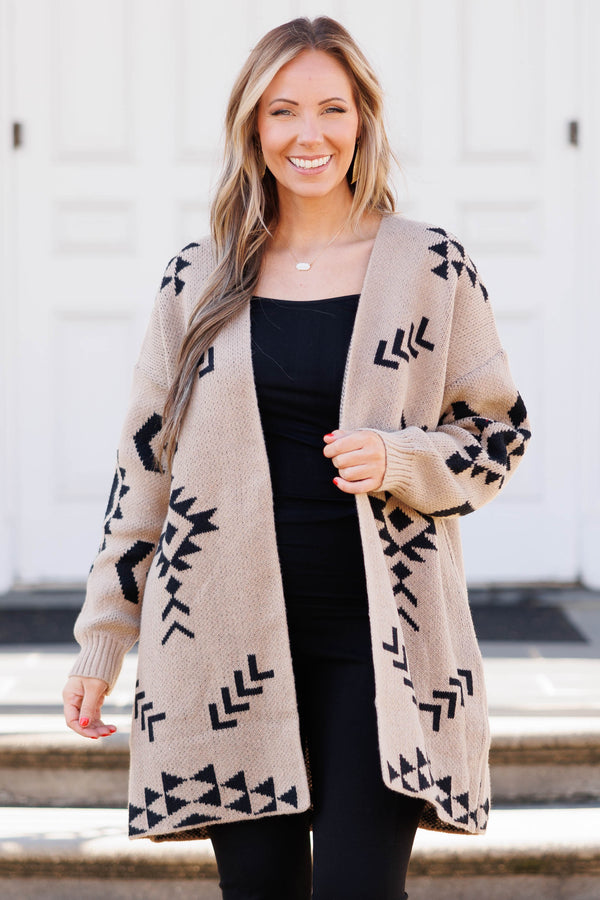 Chic Soul plus size clothing, beige colored cardigan with an black aztec pattern