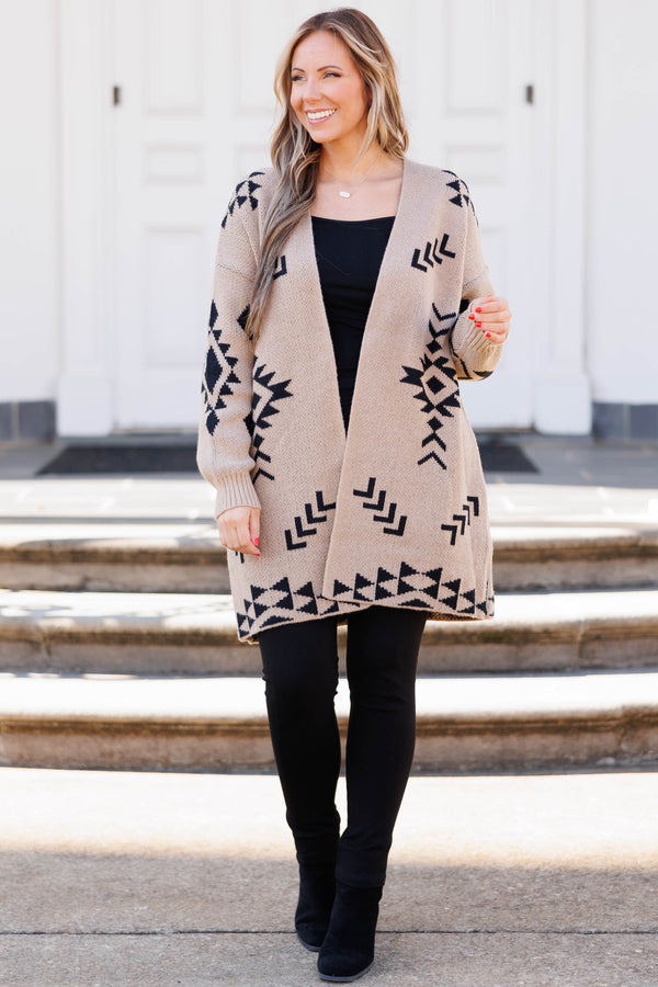 Chic Soul plus size clothing, beige colored cardigan with an black aztec pattern