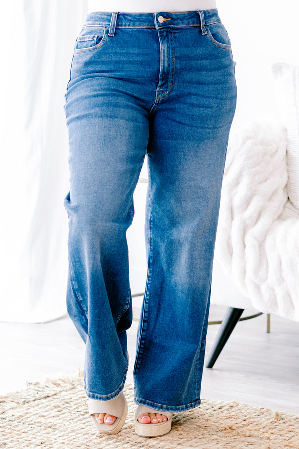 Chic Soul plus size clothing, medium washed flare jeans with front pockets