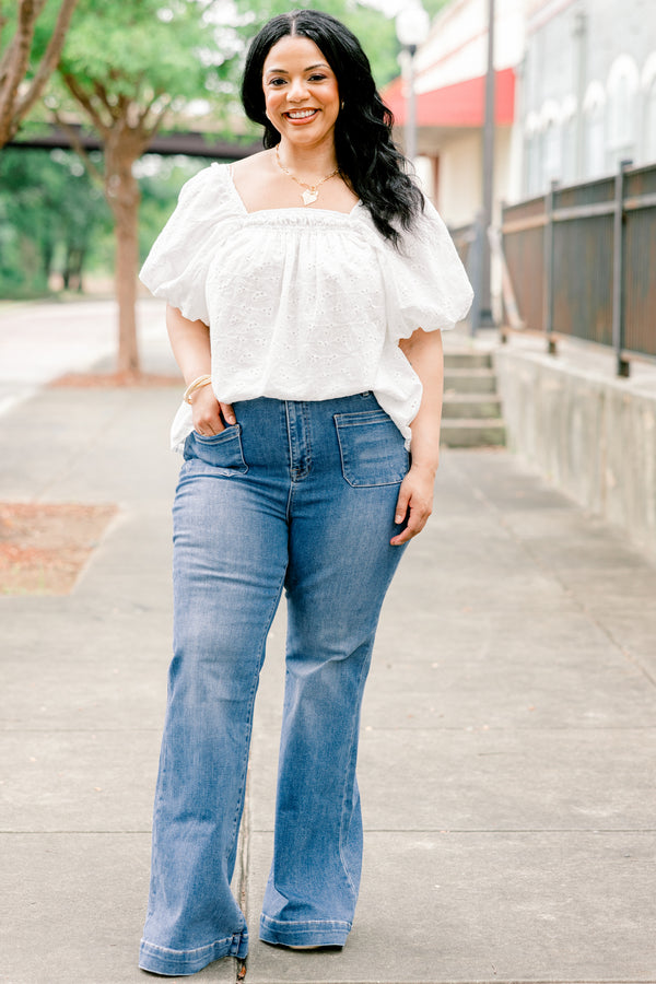 Chic Soul plus size clothing, medium wash boot cut jeans with patch pockets