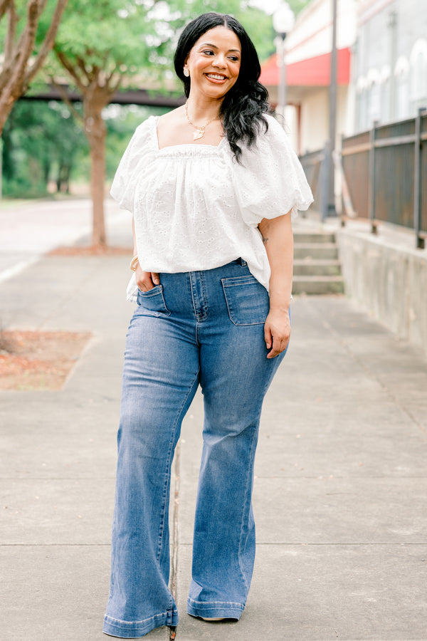 Chic Soul plus size clothing, medium wash boot cut jeans with patch pockets