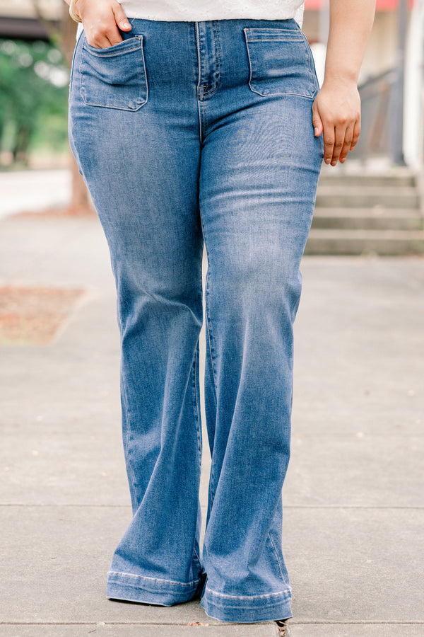 Chic Soul plus size clothing, medium wash boot cut jeans with patch pockets