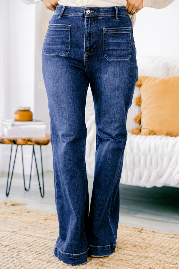 Chic Soul plus size clothing, dark wash denim bootcut jeans with two front pockets