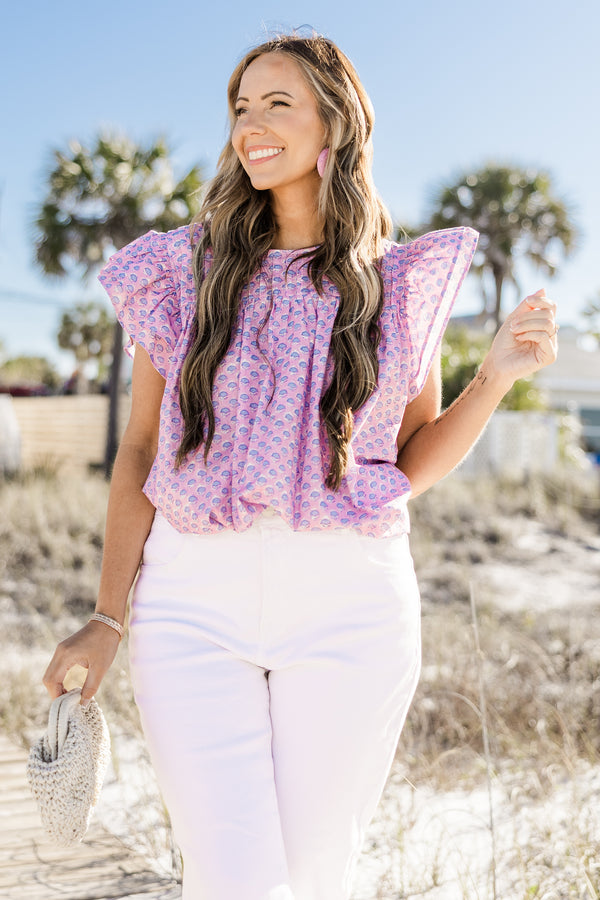 Chic Soul plus size clothing, short-flutter-sleeve pink top with a blue paisley floral abstract pattern 