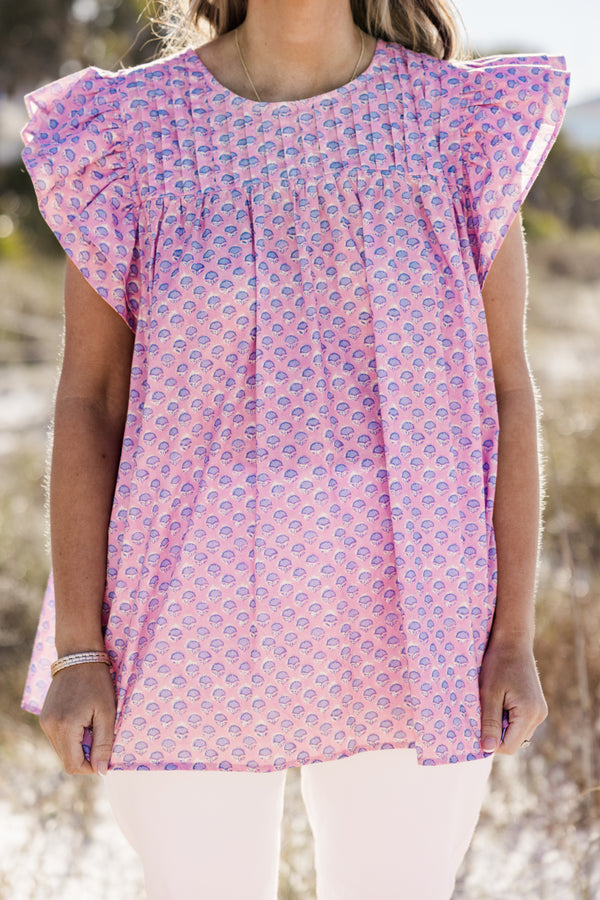 Chic Soul plus size clothing, short-flutter-sleeve pink top with a blue paisley floral abstract pattern 
