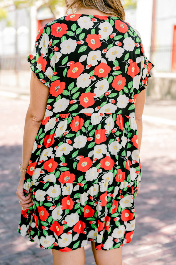 Chic Soul plus size clothing, Black babydoll dress with a red and white floral pattern and slight v-neckline 