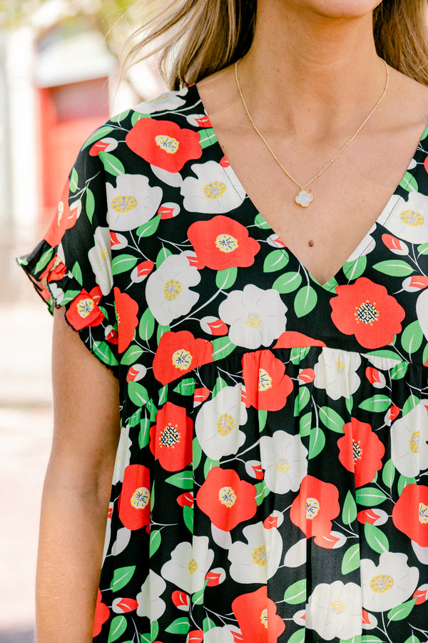 Chic Soul plus size clothing, Black babydoll dress with a red and white floral pattern and slight v-neckline 