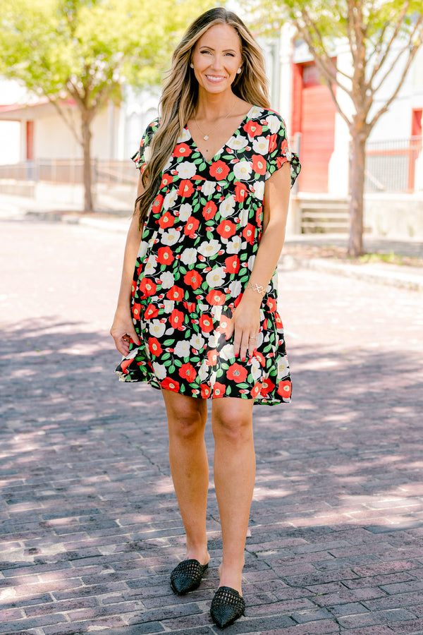 Chic Soul plus size clothing, Black babydoll dress with a red and white floral pattern and slight v-neckline 
