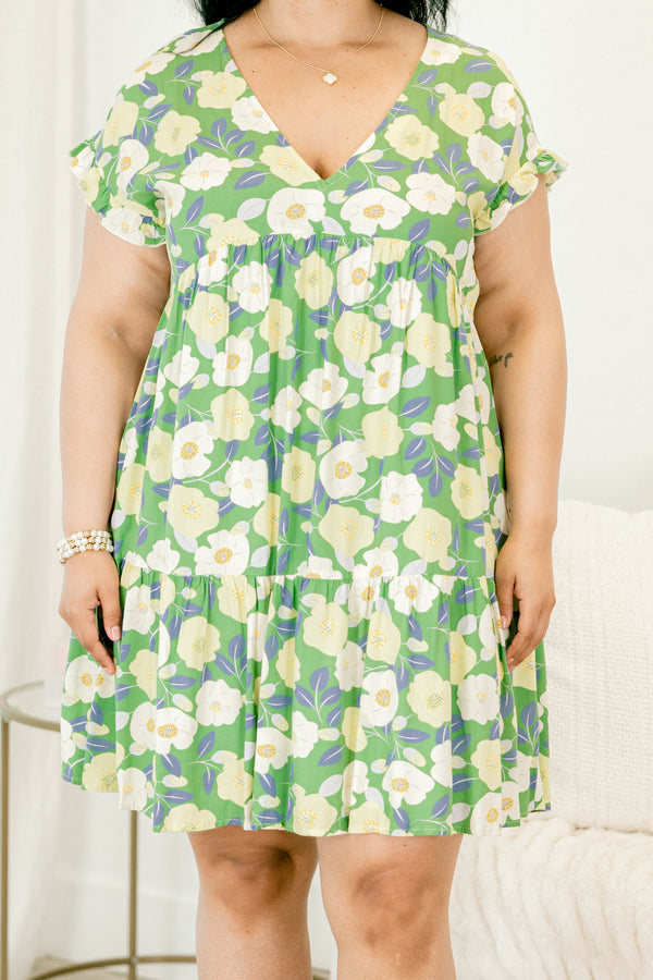 Chic Soul plus size clothing, green babydoll dress with a floral pattern and flutter sleeves