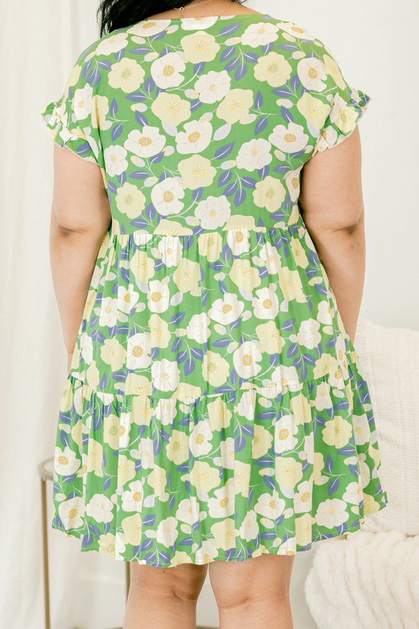 Chic Soul plus size clothing, green babydoll dress with a floral pattern and flutter sleeves