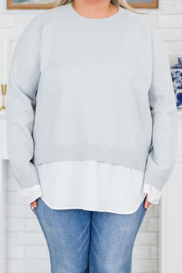 Chic Soul plus size clothing, long-sleeve gray sweater with a high-scoop-neckline and a built-in white top showing along the sleeves and bottom
