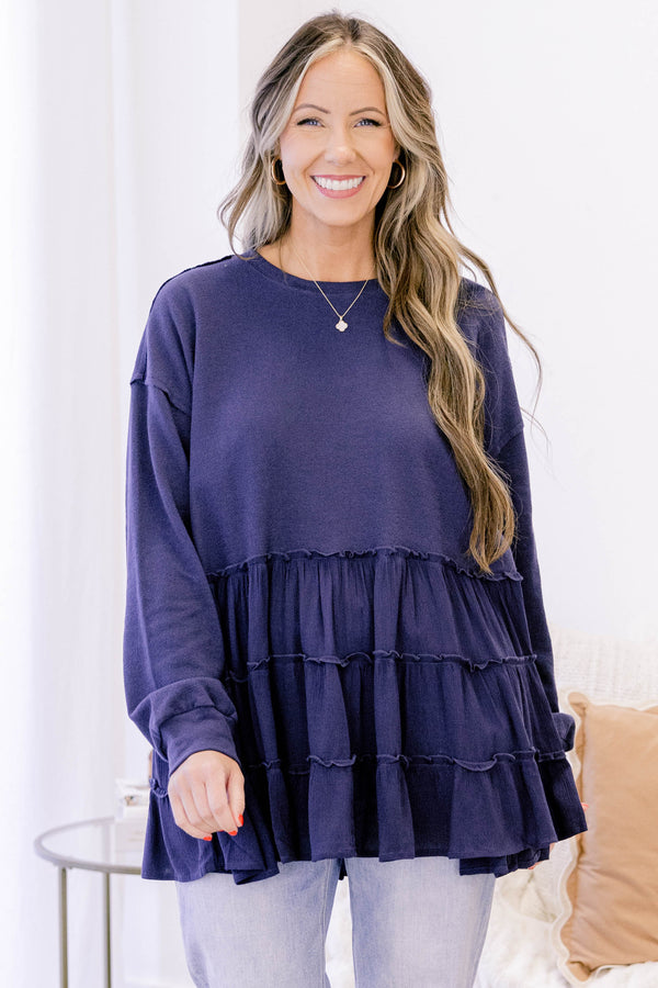Chic Soul plus size clothing, navy long sleeve ruffle tiered baby doll top
