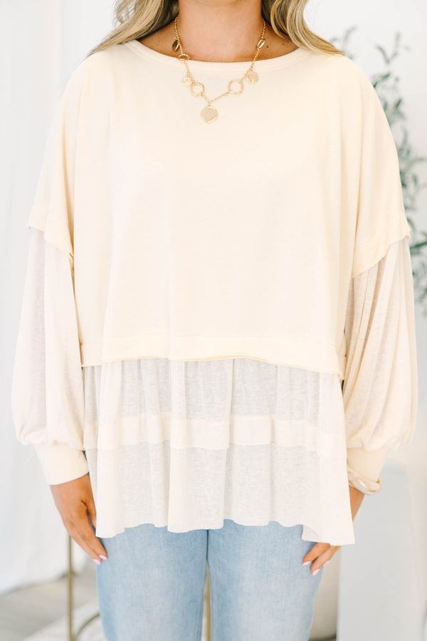 Chic Soul plus size clothing, long-sleeve oatmeal tan ruffled babydoll top with contrast materials on sleeve and bottom of the top