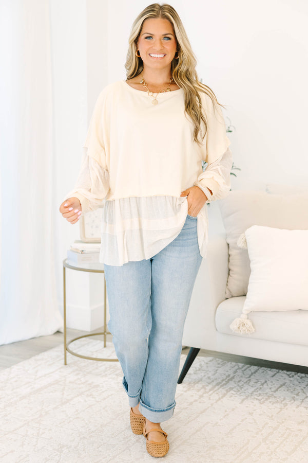 Chic Soul plus size clothing, long-sleeve oatmeal tan ruffled babydoll top with contrast materials on sleeve and bottom of the top