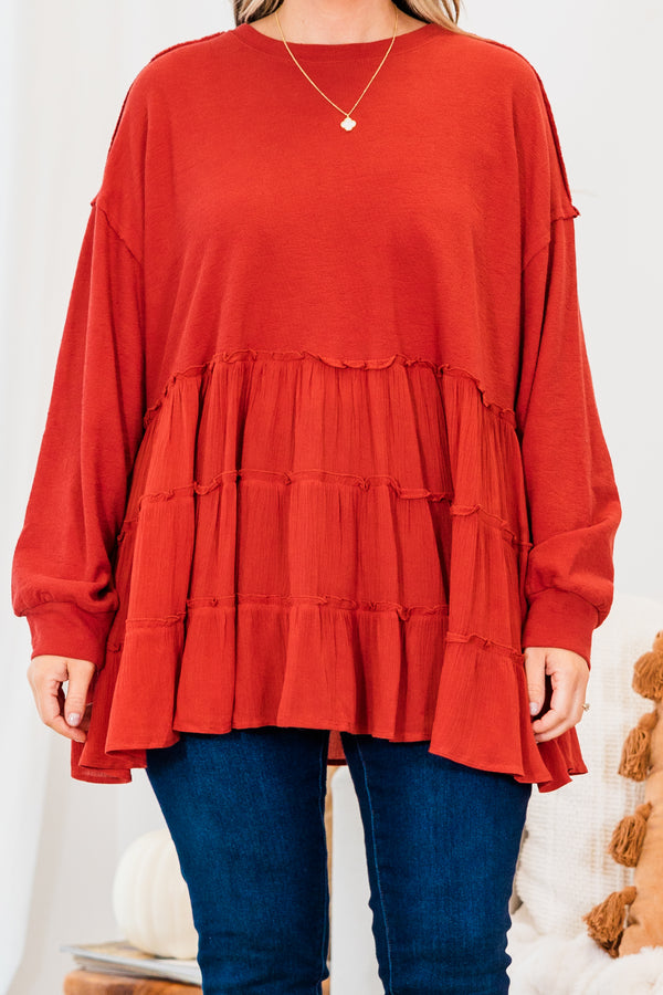 Chic Soul plus size clothing, red long sleeve babydoll top with three tiered ruffle detail along bottom with cuff sleeves and round neckline