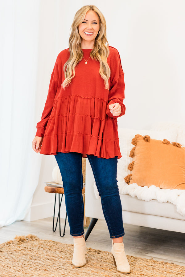Chic Soul plus size clothing, red long sleeve babydoll top with three tiered ruffle detail along bottom with cuff sleeves and round neckline