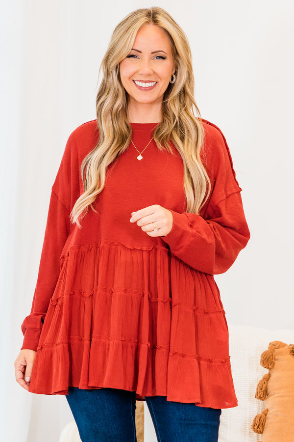 Chic Soul plus size clothing, red long sleeve babydoll top with three tiered ruffle detail along bottom with cuff sleeves and round neckline