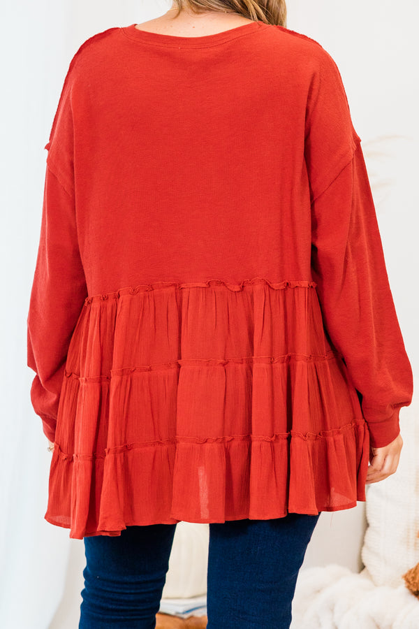 Chic Soul plus size clothing, red long sleeve babydoll top with three tiered ruffle detail along bottom with cuff sleeves and round neckline