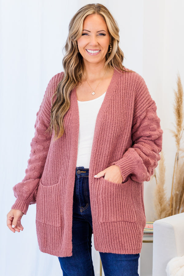 Chic Soul plus size clothing, lauve long sleeve cardigan with bubble dot texture on sleeves with two large pockets
