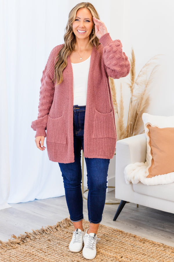 Chic Soul plus size clothing, lauve long sleeve cardigan with bubble dot texture on sleeves with two large pockets
