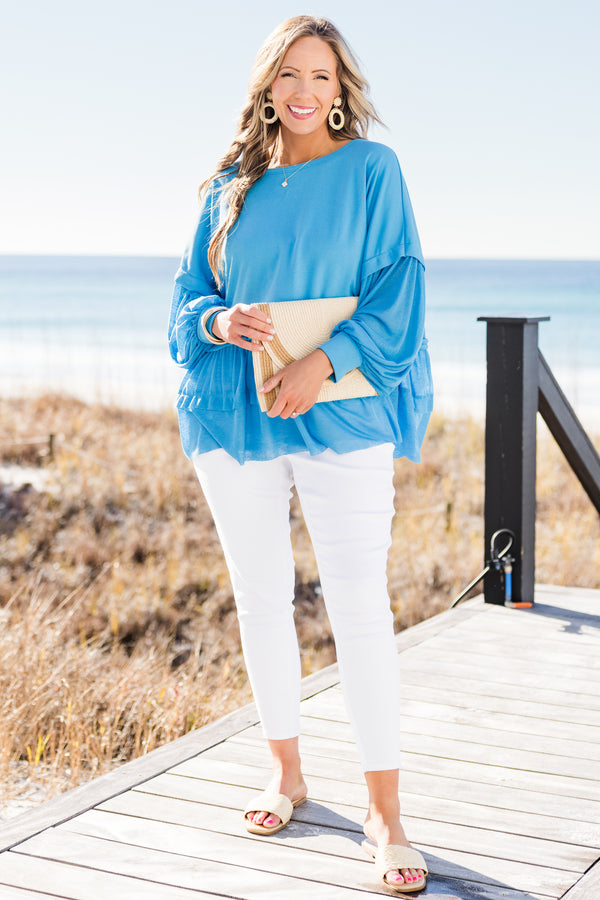 Chic Soul plus size clothing, scoop-neckline blue distressed baby doll long-sleeve top with ruffled detailing