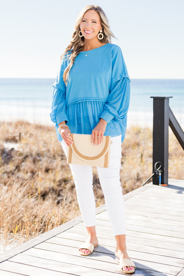 Chic Soul plus size clothing, scoop-neckline blue distressed baby doll long-sleeve top with ruffled detailing