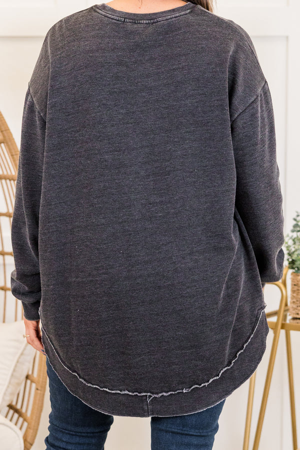 Chic Soul plus size clothing, black long sleeve sweatshirt tunic with round neckline and round bottom with outer stitching detail with cuff sleeves