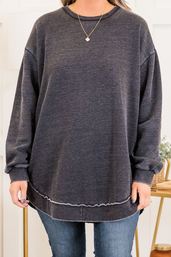 Chic Soul plus size clothing, black long sleeve sweatshirt tunic with round neckline and round bottom with outer stitching detail with cuff sleeves