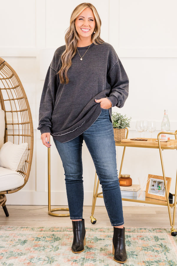 Chic Soul plus size clothing, black long sleeve sweatshirt tunic with round neckline and round bottom with outer stitching detail with cuff sleeves