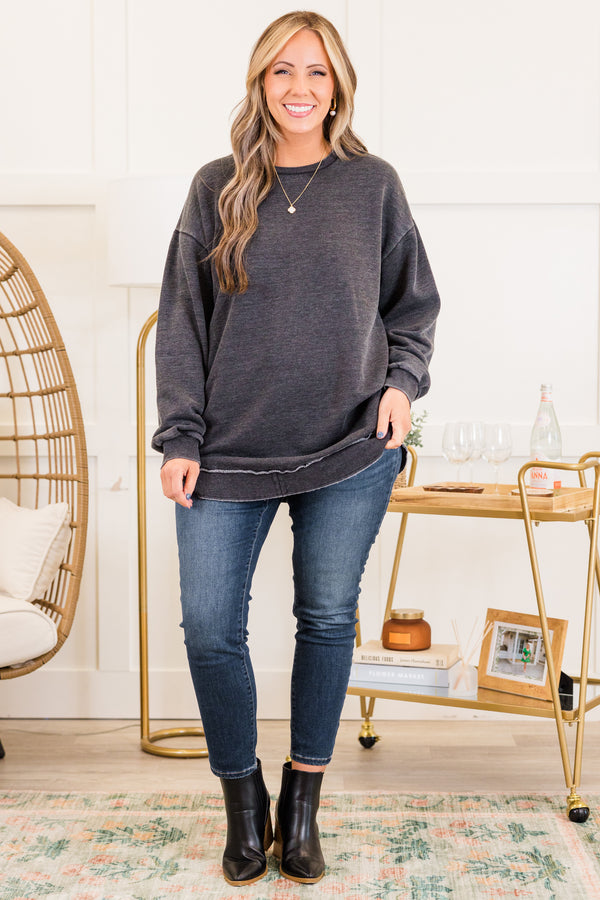 Chic Soul plus size clothing, black long sleeve sweatshirt tunic with round neckline and round bottom with outer stitching detail with cuff sleeves