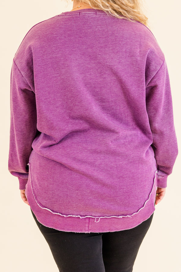 Chic Soul plus size clothing, long-sleeve eggplant purple distressed tunic with crewneck