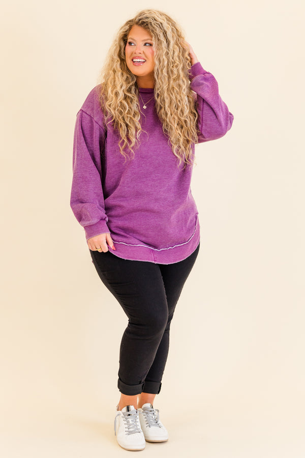 Chic Soul plus size clothing, long-sleeve eggplant purple distressed tunic with crewneck