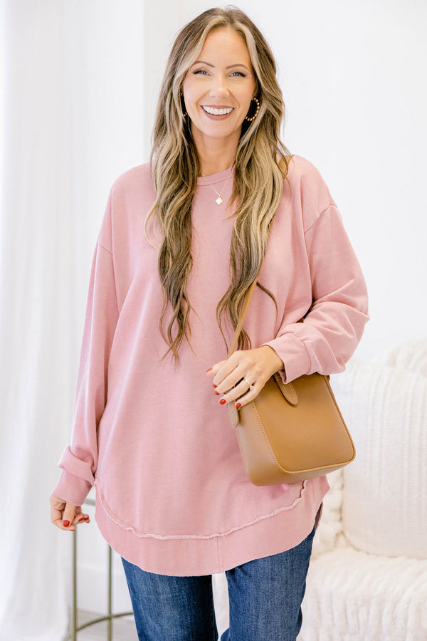 Chic Soul plus size clothing, light pink long sleeve scoop hem tunic