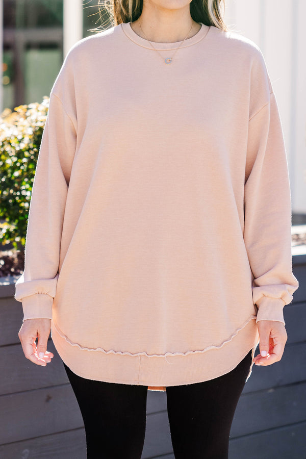 Chic Soul plus size clothing, toasted almond long sleeve pullover with cuff sleeves and distressed bottom hemming