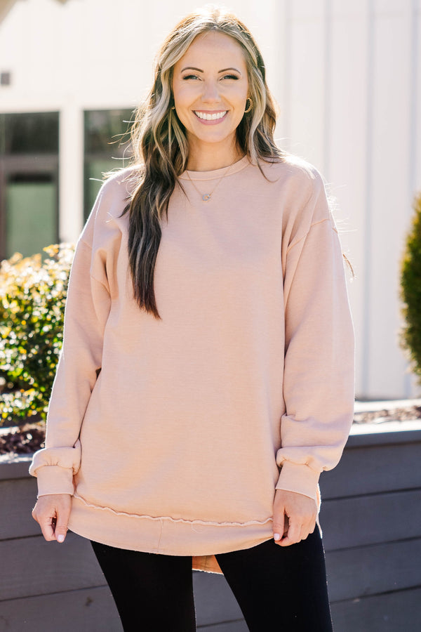 Chic Soul plus size clothing, toasted almond long sleeve pullover with cuff sleeves and distressed bottom hemming