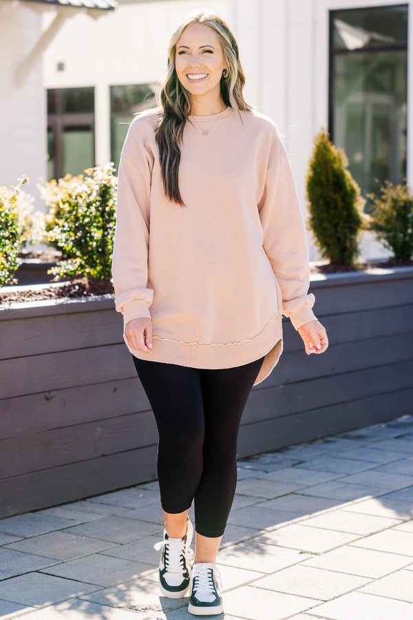 Chic Soul plus size clothing, toasted almond long sleeve pullover with cuff sleeves and distressed bottom hemming