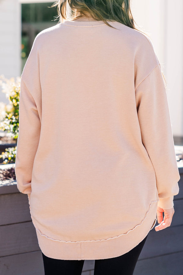 Chic Soul plus size clothing, toasted almond long sleeve pullover with cuff sleeves and distressed bottom hemming